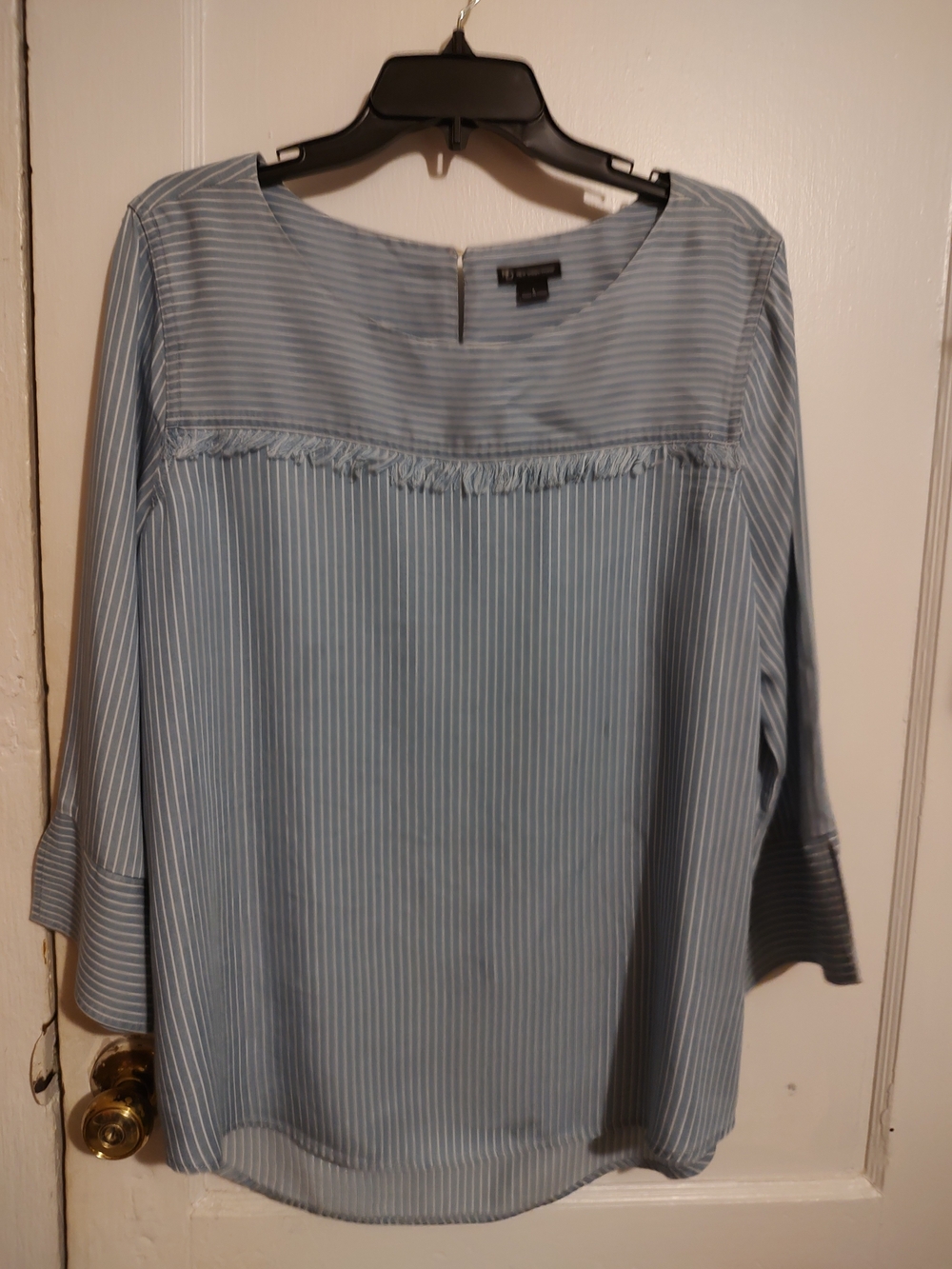 new directions Light Blue Striped Fringe Yoke Tunic